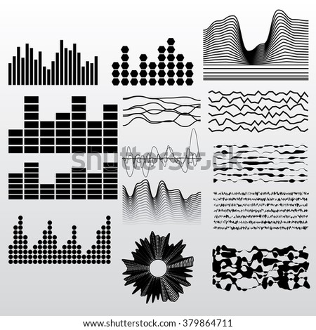 Sound waves. Musical sound waves. Audio waves. Display. Monochrome. Earthquake. Scale. Pulse. Background. Schedule set.