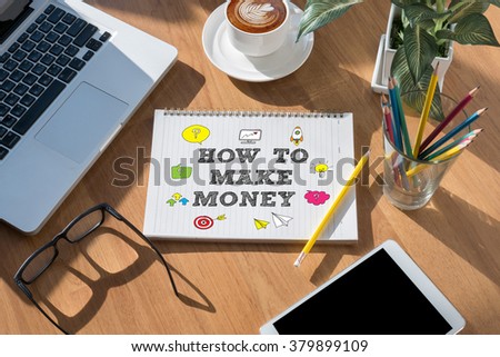 sign on tablet on screen, table and coffee HOW TO MAKE MONEY ? Concept, Warm tone
