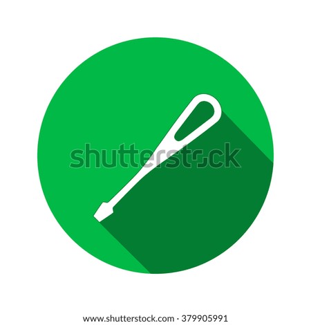 Tool icon. Screwdriver, turnscrew instrument. Industrial, fixing, support hardware service symbol. White sign on round green flat button. Vector  