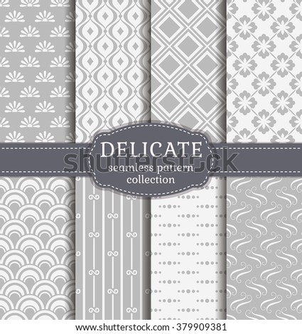 Universal seamless patterns in delicate white and gray colors. Set of backgrounds with abstract ornaments. Vector collection.