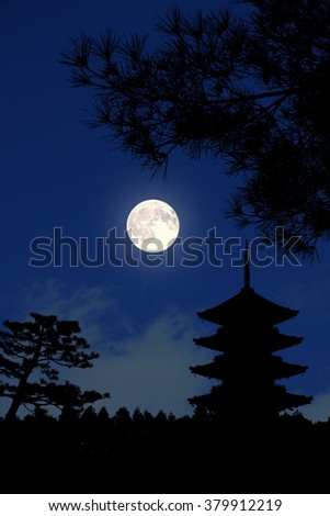 five-storied pagoda and full moon