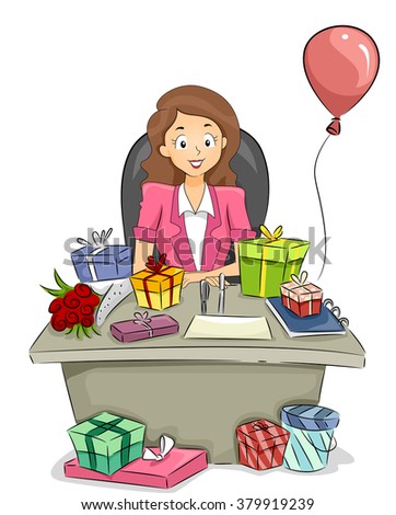 Illustration of an Office Girl with Plenty of Gifts on Her Table