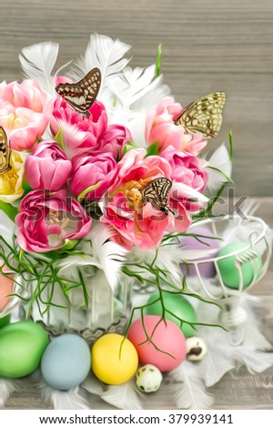Pink tulip flowers, butterflies and easter eggs. Picture with oil painting effect. Selective focus