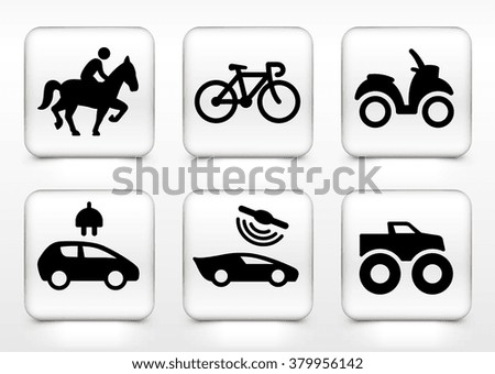 Transportation and Recreational Pursuit on White Square Buttons