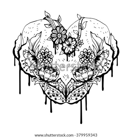 Black and white heart, abstract art, tattoo, doodle sketch. Design for shirt bag jacket package phone case and so on. Vector illustration.