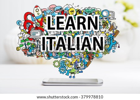 Learn Italian concept with smartphone on white table