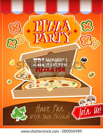 Pizza party cartoon advertising poster with date and time vector illustration 