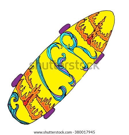Yellow skateboard with ornate words - feel free. Hand drawn symbol of urban lifestyle, youth culture, teenage subculture