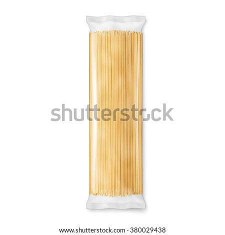 Spaghetti or capellini pasta transparent package, isolated on white background. Vector illustration.   Royalty-Free Stock Photo #380029438