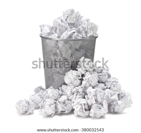 No idea - Crumpled paper can recycle was thrown to metal basket bin. Overflowing waste paper in office garbage bin. Junk, wastepaper in rubbish isolated on white background with clip path Royalty-Free Stock Photo #380032543