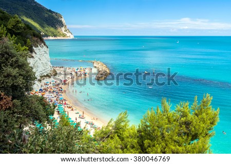Mount Conero Natural Reserve Regional Park coastline with famous Urbani beach in Sirolo, Italy.