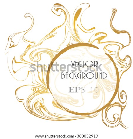 Abstract golden and white background with round frame. Golden ink stylized marble design with frame, border. Liquid ink background. Acrylic paint fluid.