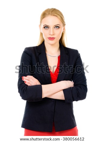 Portrait of business woman. Photo isolated on white background. Woman in red shirt and black suit.