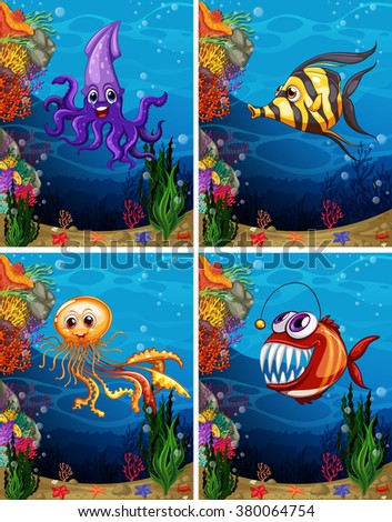 Sea monsters swimming under the sea illustration