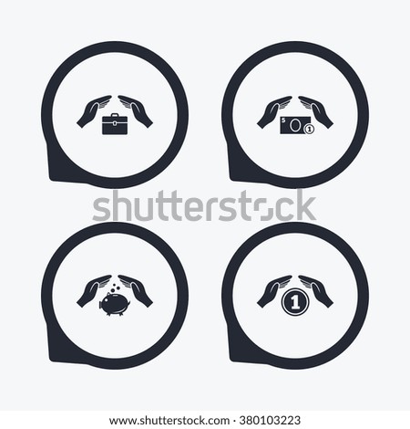 Hands insurance icons. Piggy bank moneybox symbol. Money savings insurance signs. Travel luggage and cash coin symbols. Flat icon pointers.