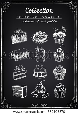 Set of hand-drawn sweet pastries and cupcakes. Bakery shop. Vector icons of sweet bakery. Freehand drawing with imitation of chalk sketch