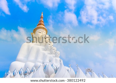 5 white buddha on the mountain with blue sky style vintage tone.
