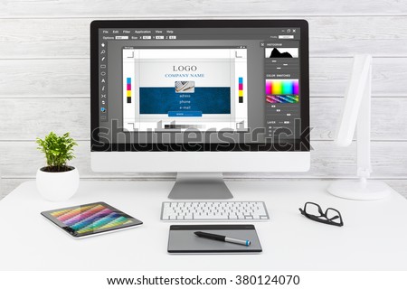 Graphic designer at work. Color swatch samples. Royalty-Free Stock Photo #380124070