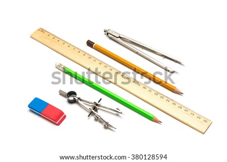 Set of tools for drawing isolated on white background.  Rubber eraser, pair of compasses, pencil and protractor