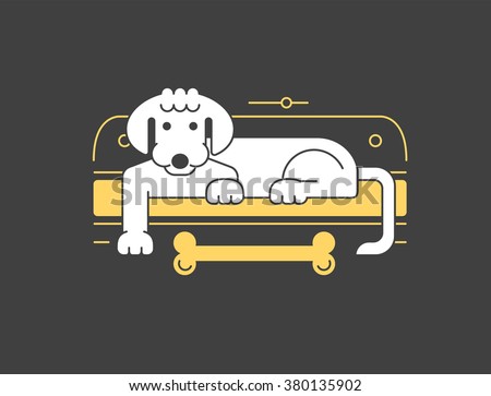 Dog logo template in negative space style for your business. Dog with bone resting on sofa concept illustration. Dog silhouette vector icon. Original and minimalistic symbol for your design