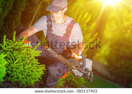 Professional Garden Worker. Gardener at Work with Hedge Trimmer in His Hand.