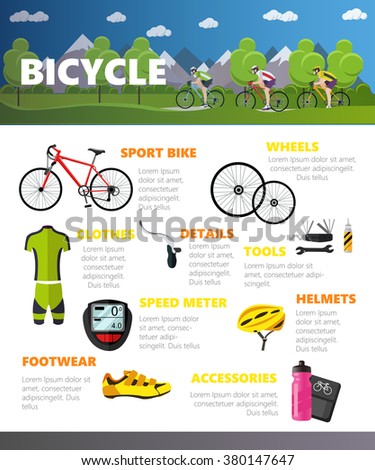 Bicycles accessories isolated on white background. Sport vector concept illustration in flat style. Clothing and equipment, bike, helmet, wheels, mountains, shoes, clothes. Graphic design elements.