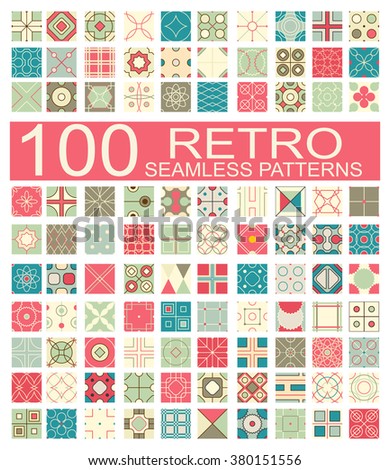 Set of 100 retro different vector geometric seamless patterns (tiling) of blue, red, ivory, pink and green colors. Endless texture can be used for pattern fills, web page background, surface textures
