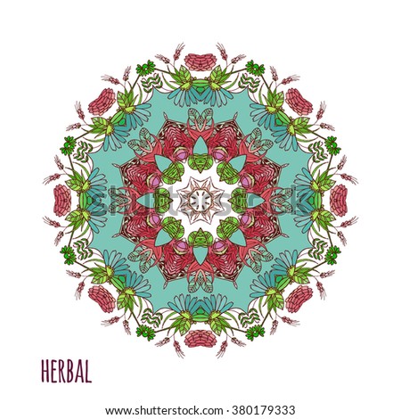 Circular pattern, ethnic, Provence herbs, herb wreath. Vector watercolor mandala. Decor for your design, lace ornament. Round pattern, oriental style