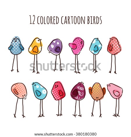 Vector set of colored cartoon birds. Easter egg