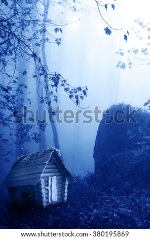 Small wooden house and mysterious landscape of foggy forest 