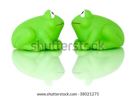 A frog couple look into each other eyes, reflectiong on their lives. Isolated on white and shot on glass for reflection and to enhance the scene.