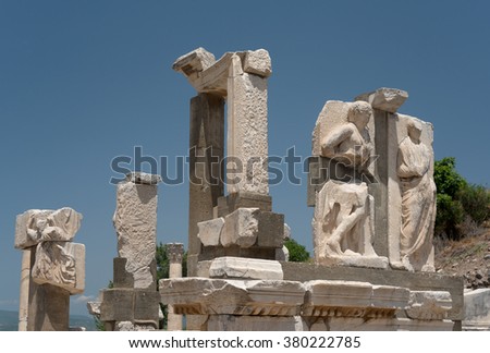 Ancient ruins of Greek and Roman city Ephesus (now - Turkey) against blue sky background.
