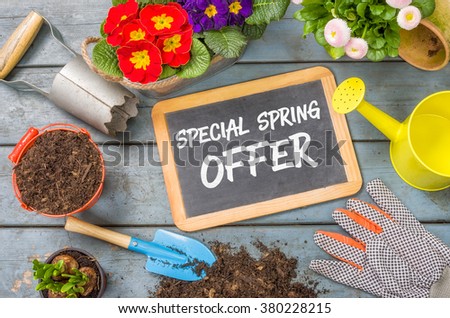 Blackboard on a plant table with garden tools - Special Spring Offer