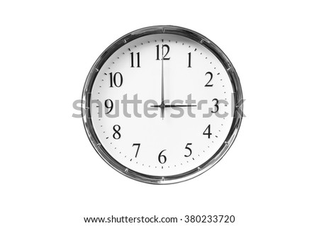Three o'clock on the white wall clocks (isolated)