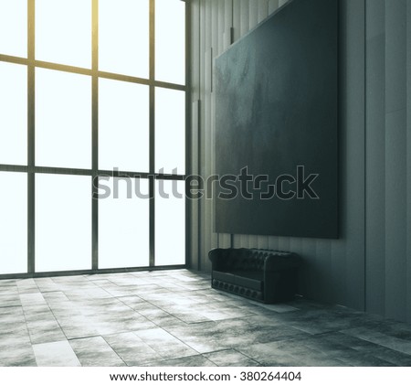 Blank black big picture with leather sofa and big window in modern room, mock up 3D Render