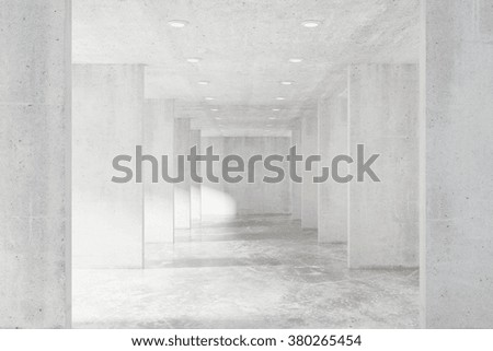 Big empty loft hall with many concrete wall and floor 3D Render