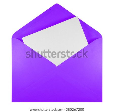Blank open violet envelope isolated on white background with clipping path