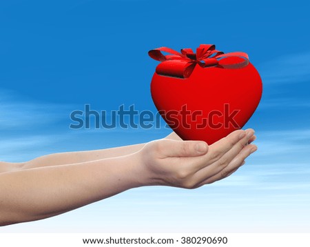 Concept or conceptual 3D red abstract heart sign or symbol with ribbon held in hands by a man, woman or child on blue sky background, metaphor for love, holiday, gift, care, valentine or romantic