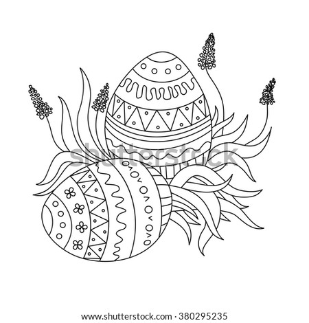 Doodle decorative image - eggs in grass for Easter. Hand drawn line vector holiday illustration isolated on white background.