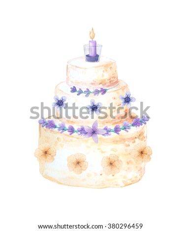 Watercolor hand painted sweet and tasty cake with flowers on it. Romantic lavender wedding cake.Colorful dessert can be used for card, postcard, wedding card, invitation, menu, recipe. 