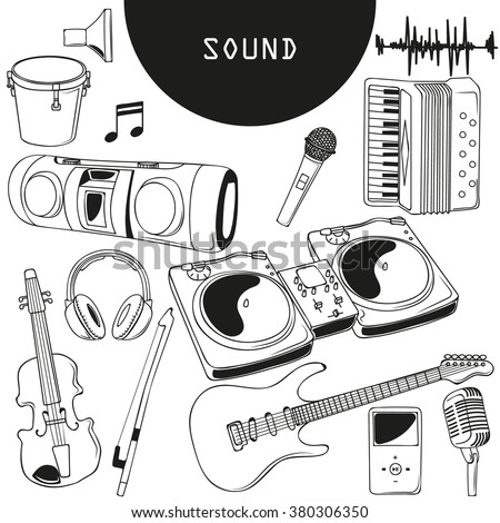 Sound, note, tape,record player, DJ mixer, a microphone, electric guitar, player, old school microphone, headphones, sound wave, violin, drum, bow, accordion. Vector illustration