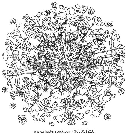 Amazing flowers and butterflies and birds and garden plants, Vector hand drawn.  Art mandala concept, could be use for adult coloring book or  invitation, card, ticket,  in zentagle style.