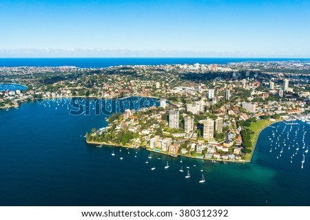 Aerial view Double bay, Sydney, Australia. View on Sydney harborside suburbs from above. Aerial view on Sydney harborside, Rushcutters bay, Double bay, Darling point,  Point piper, Darling point wharf