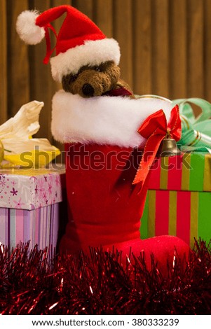 Christmas toys , Christmas decorations , Christmas box , For postcard , Christmas teddy bear
