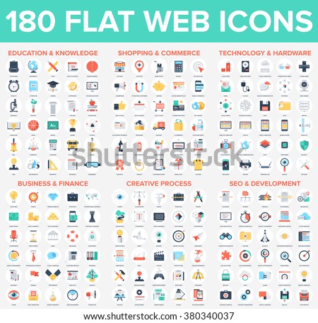 Vector set of 180 flat web icons on following themes - SEO and development, business and finance, education and knowledge, technology and hardware, shopping and commerce, creative process Royalty-Free Stock Photo #380340037
