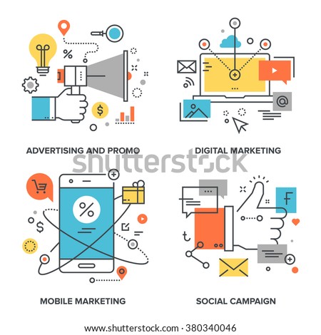 Vector set of conceptual flat line illustrations on following themes - social campaign, digital marketing, mobile marketing, advertising and promo Royalty-Free Stock Photo #380340046