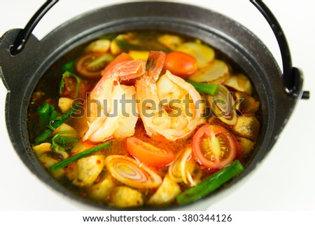 Pot of Tom Yum Goong seafood soup, thai food
