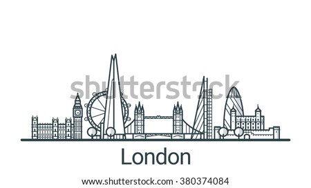 Linear banner of London city. All buildings - customizable different objects with background fill, so you can change composition for your project. Line art. Royalty-Free Stock Photo #380374084