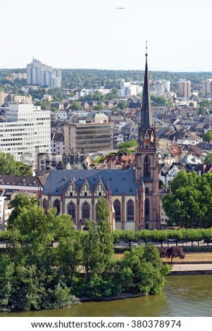 Aerial view of Dreikonigskirche (The Three Wise Man church) in Frankfurt am Main, Germany from the Frankfurt Cathedral.  