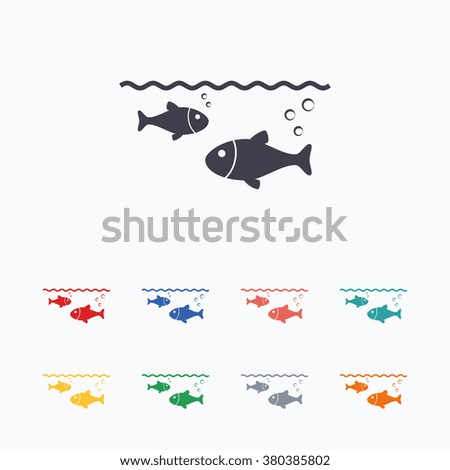 Fish in water sign icon. Fishing symbol. Colored flat icons on white background.
